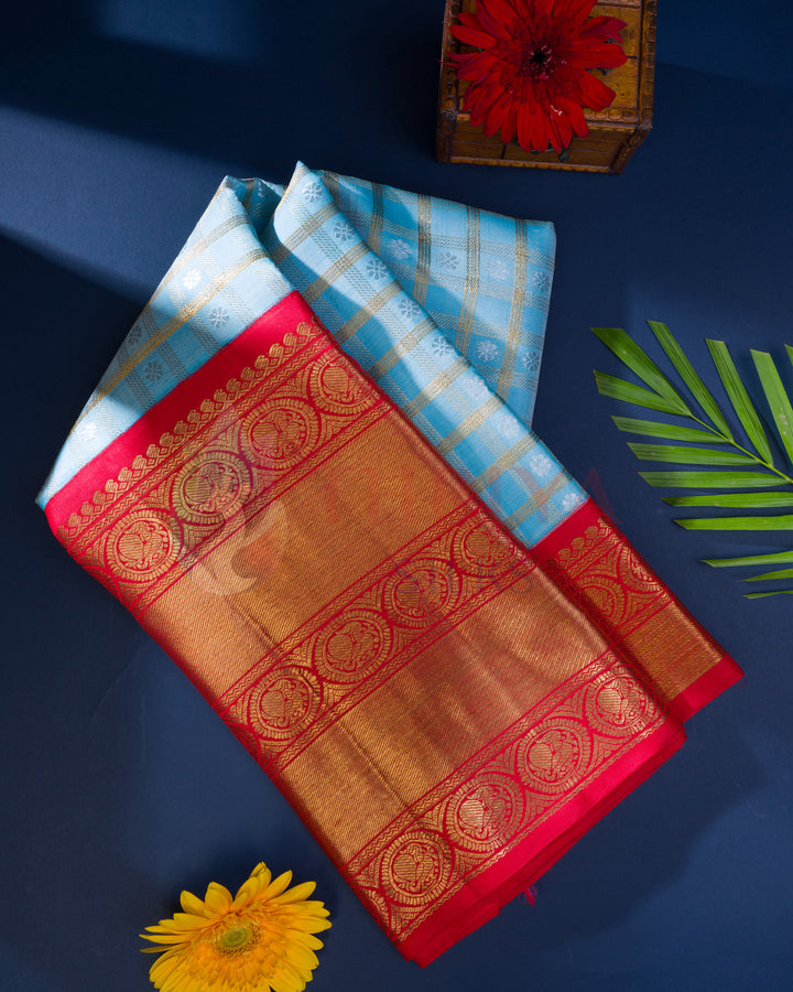Kanchipuram Silk Saree in Blue Mudhu Kattam with Silver Zari - TSW0927