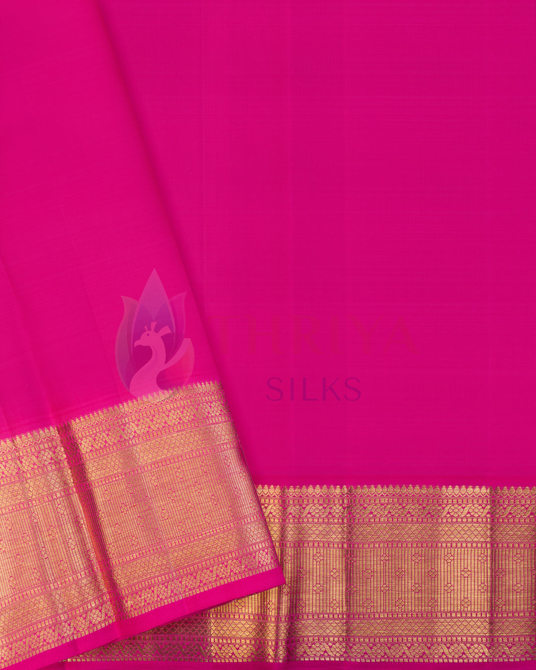 Bright pink silk blouse piece with gold zari border for pastel blue Kanjivaram saree