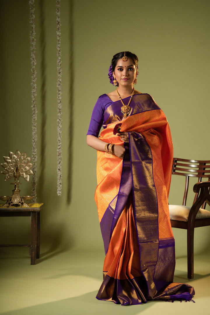 Coral with Royal Blue Kanchipuram Silk Saree - TSW1242