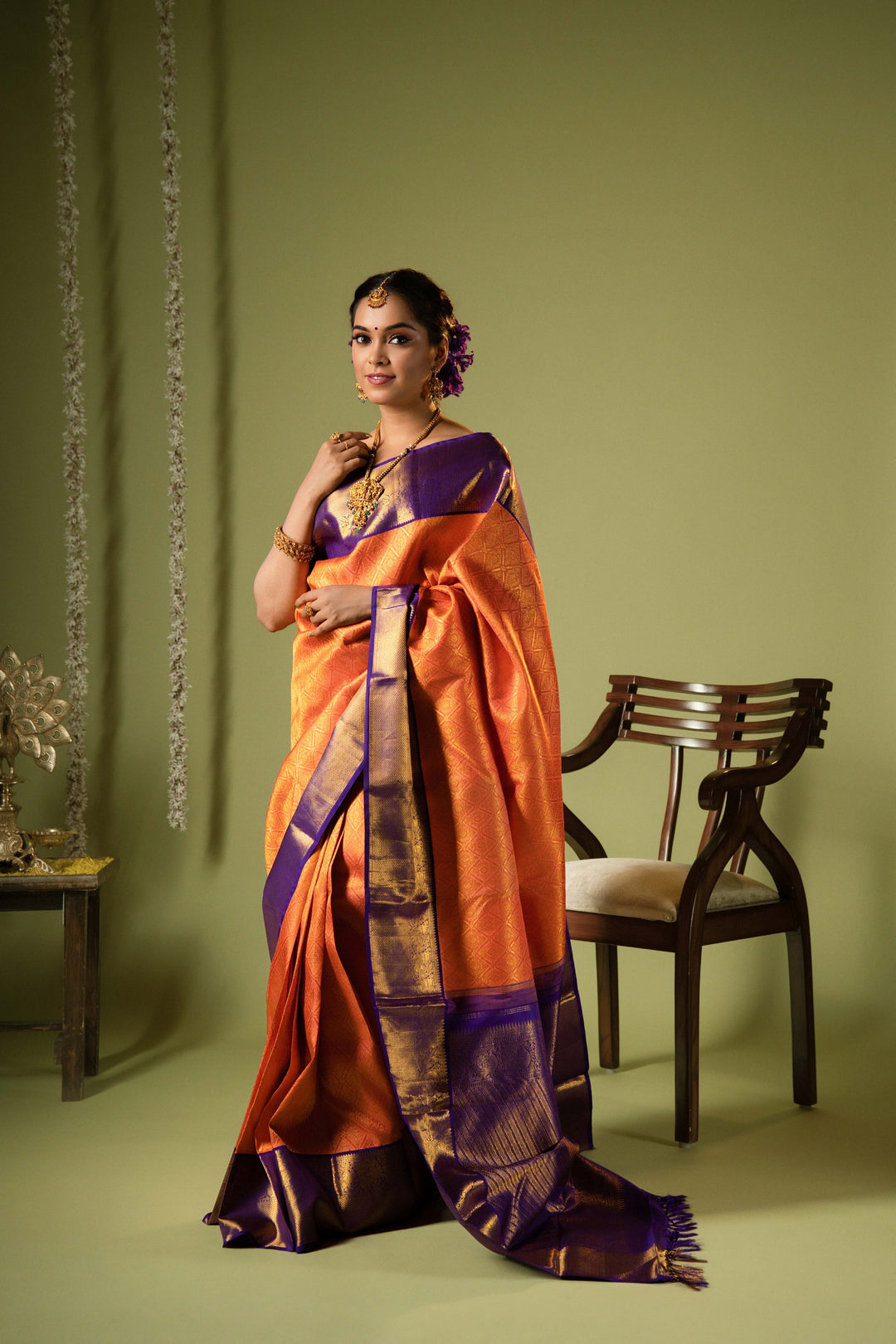 Coral with Royal Blue Kanchipuram Silk Saree - TSW1242