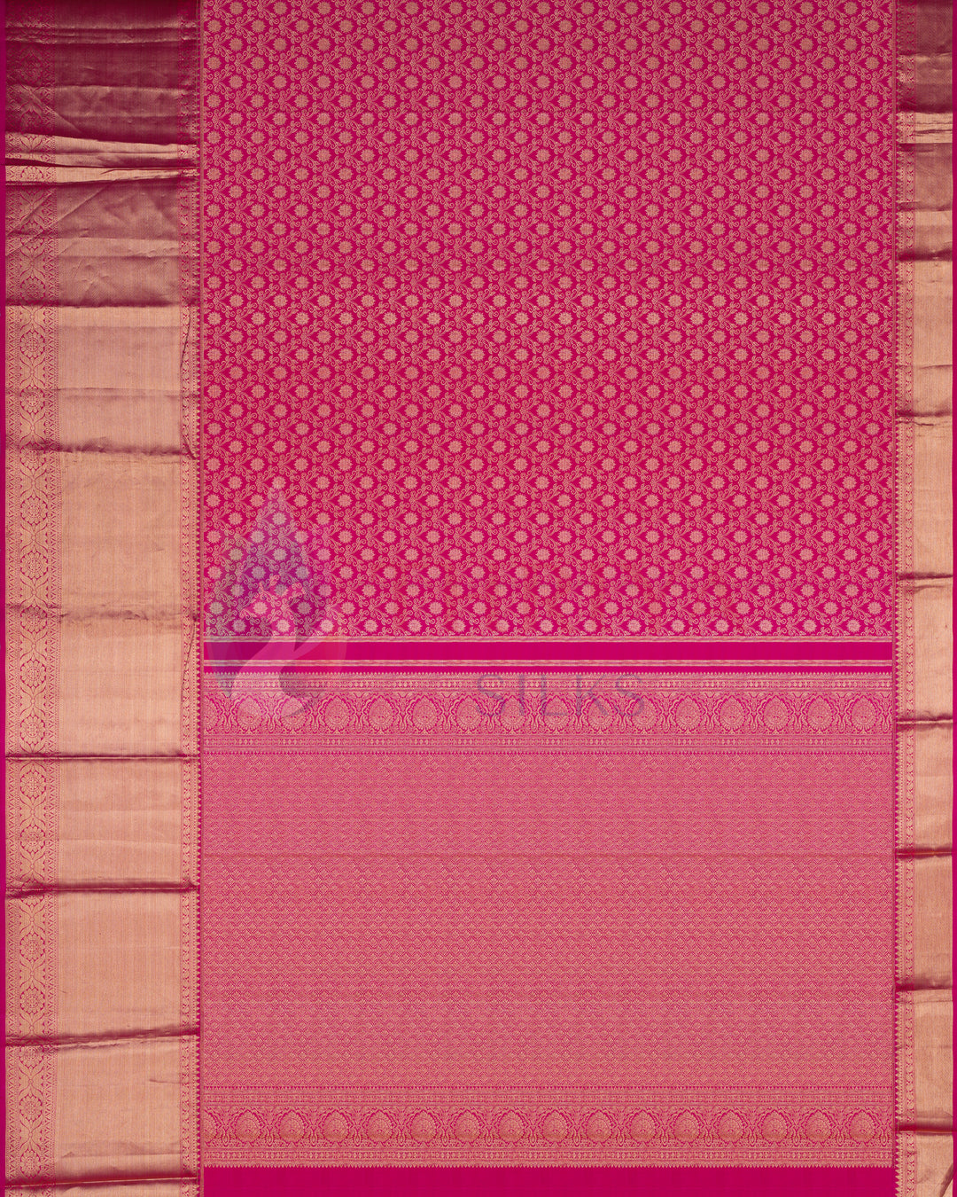 Full view of Kanchipuram silk saree in pink with floral pallu and zari border