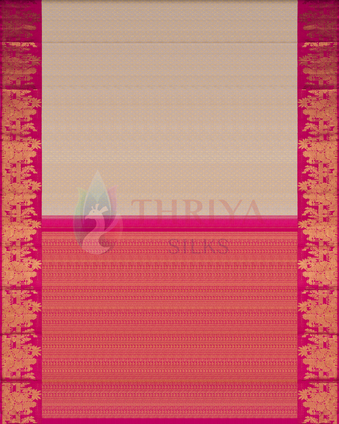 Full view of off-white Kanjivaram silk saree featuring pink and gold zari temple border and detailed pallu