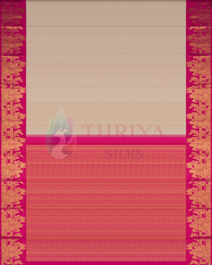 Full view of off-white Kanjivaram silk saree featuring pink and gold zari temple border and detailed pallu
