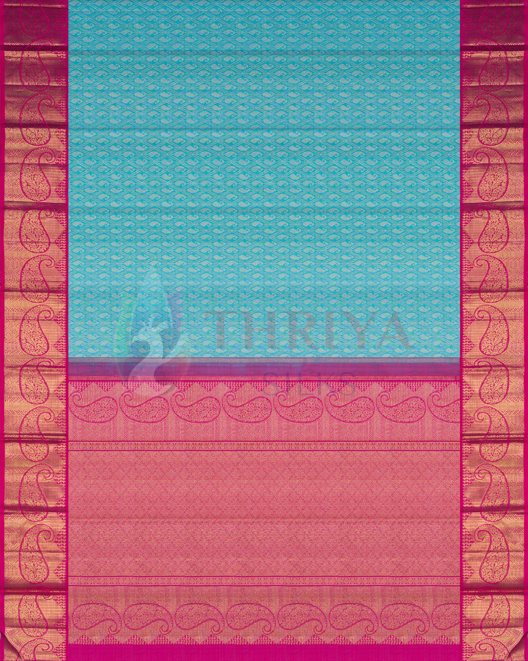 Full turquoise blue Kanjivaram silk saree with pink and gold zari paisley border and rich pallu