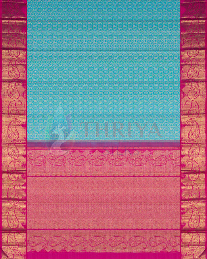 Full turquoise blue Kanjivaram silk saree with pink and gold zari paisley border and rich pallu