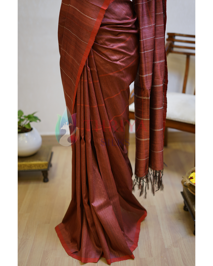 Maroon Tussar Silk Saree -