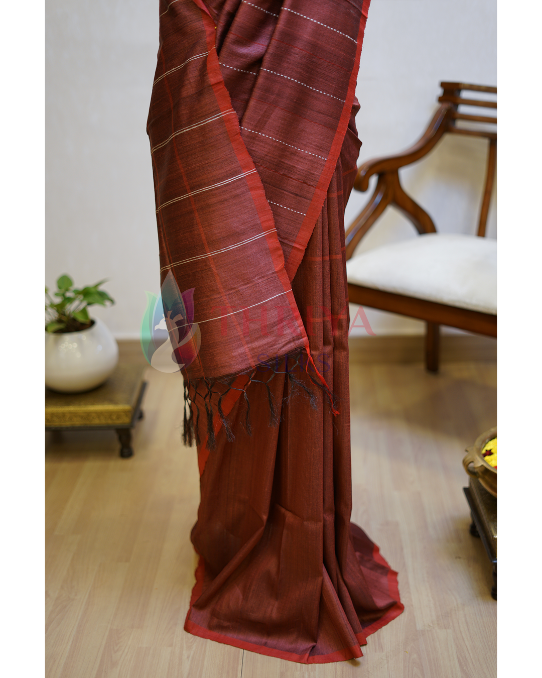 Maroon Tussar Silk Saree -