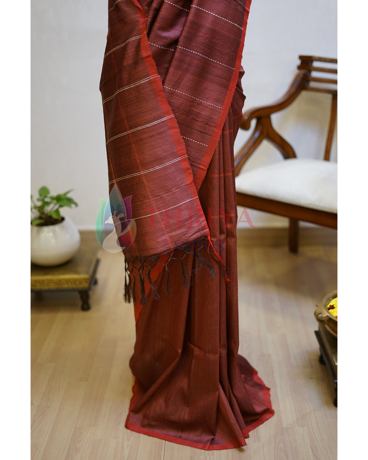 Maroon Tussar Silk Saree -