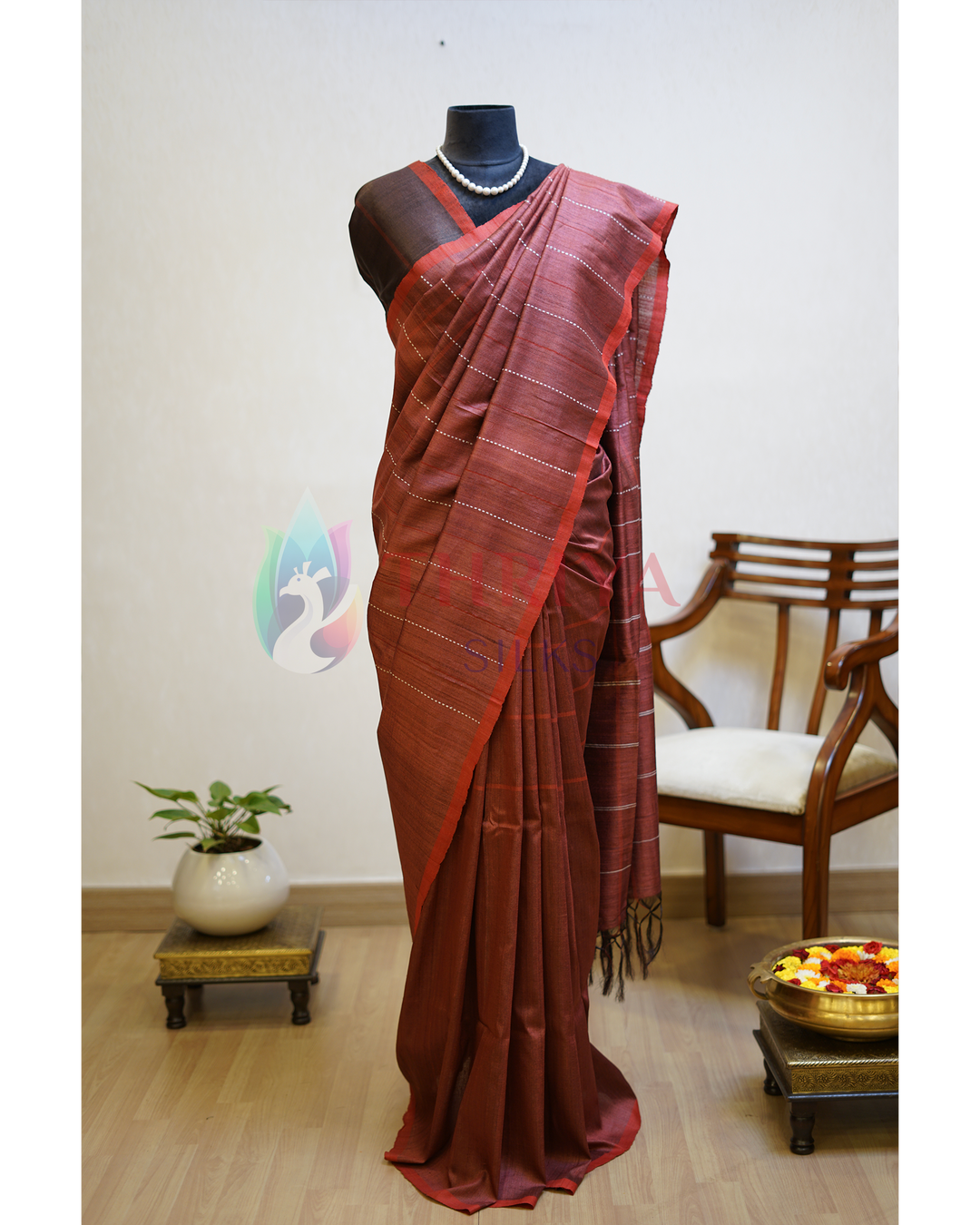 Maroon Tussar Silk Saree -