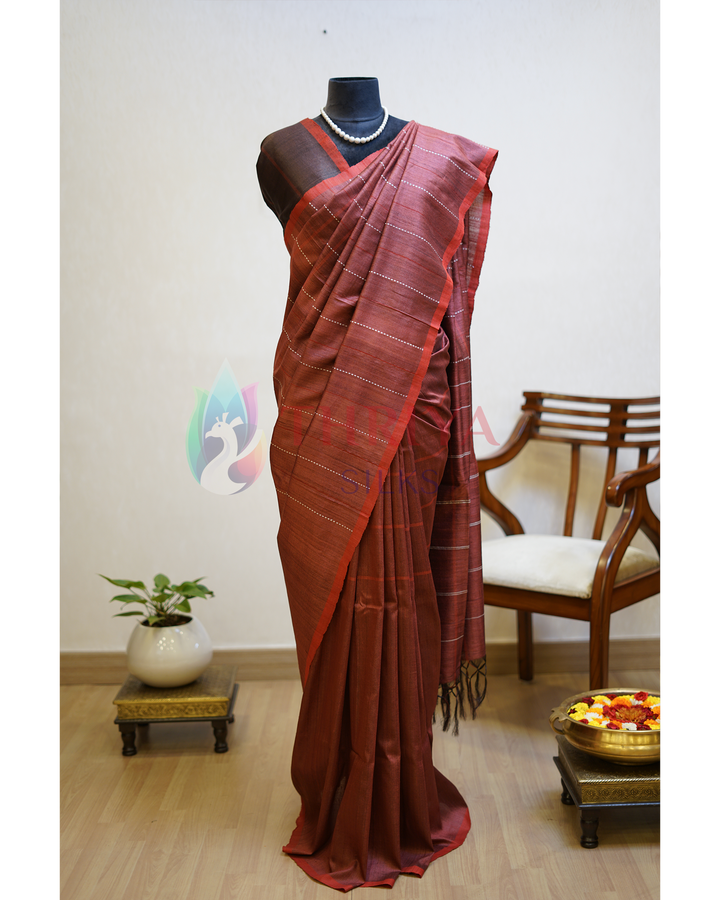 Maroon Tussar Silk Saree -