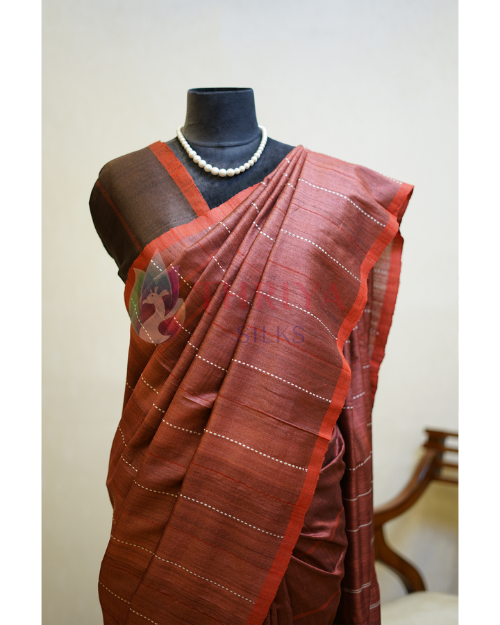 Maroon Tussar Silk Saree -