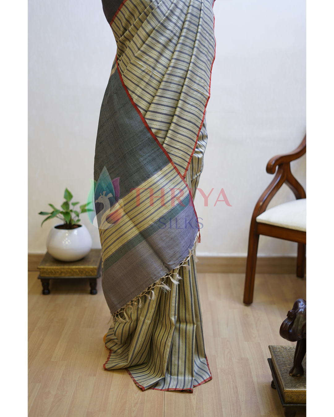 Cream Tussar Silk Saree - TSPQ280734