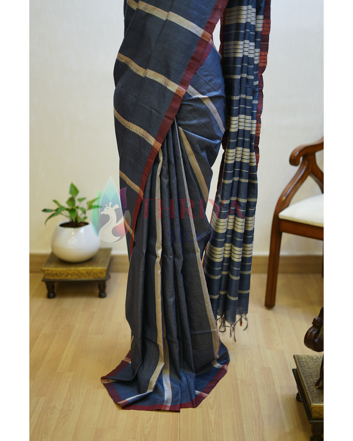 Charcoal Gray Tussar Silk Saree - TSPQ280737