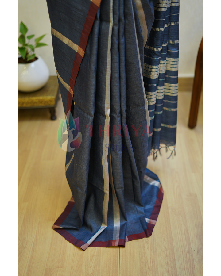 Charcoal Gray Tussar Silk Saree - TSPQ280737