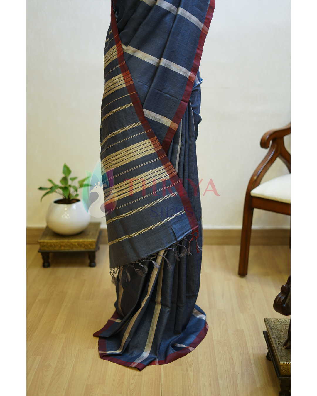 Charcoal Gray Tussar Silk Saree - TSPQ280737