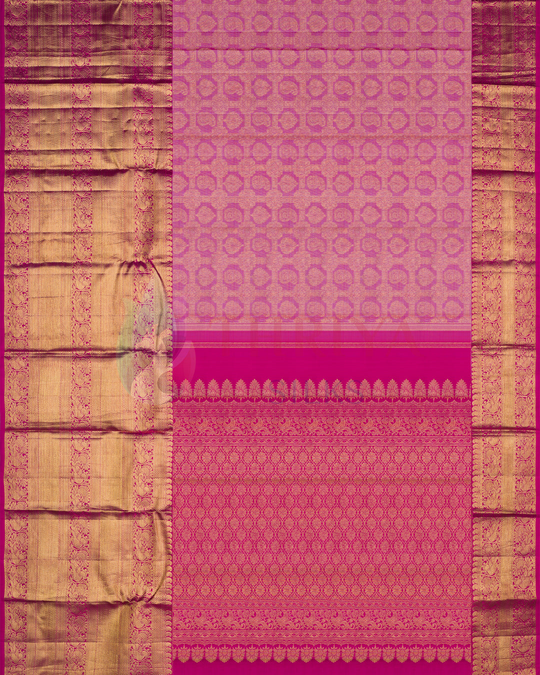 Full layout of vibrant pink Kanjivaram silk saree with intricate golden zari floral and geometric motifs, and heavy zari border