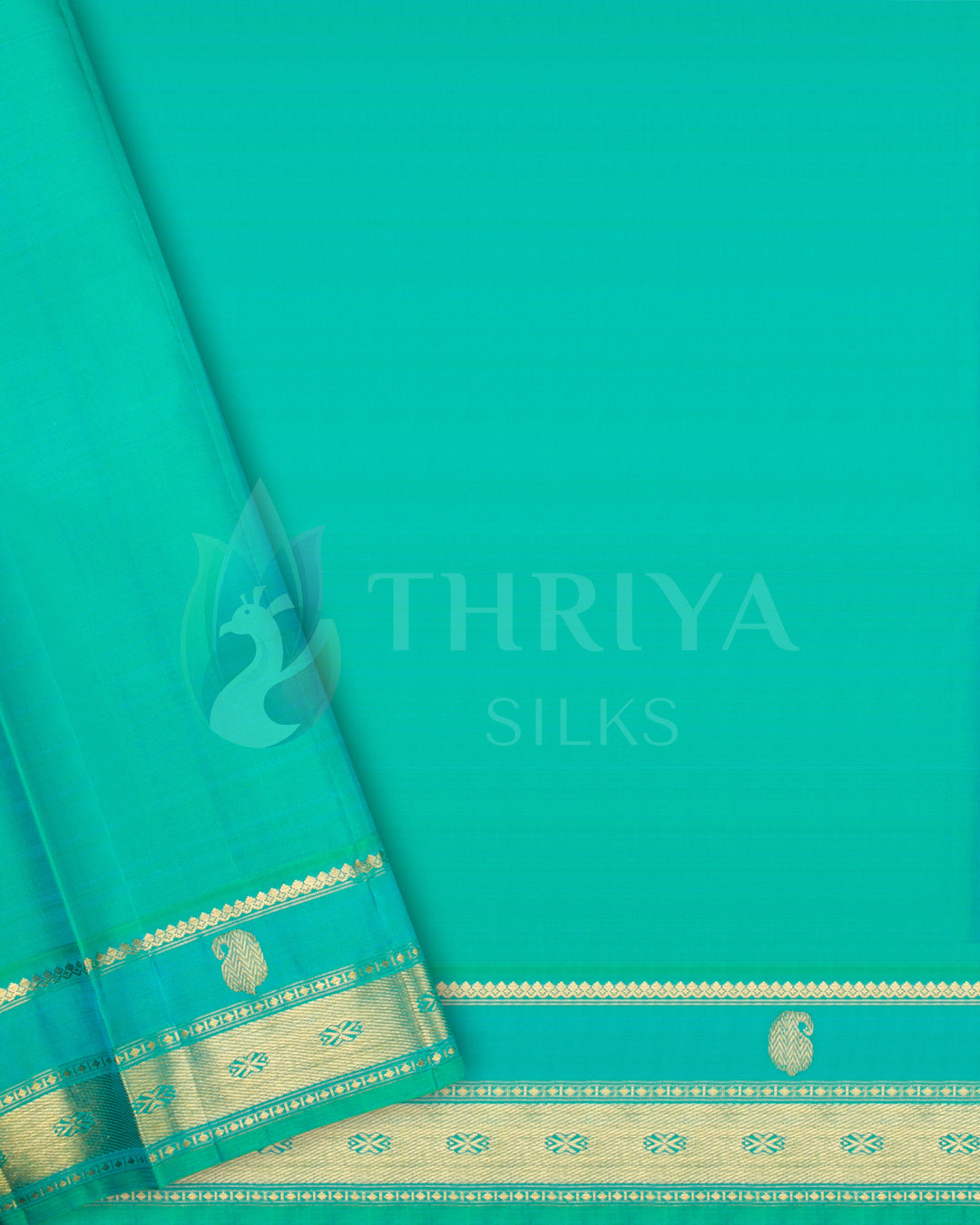 Plain aqua blue blouse piece with fine gold zari detailing on the border