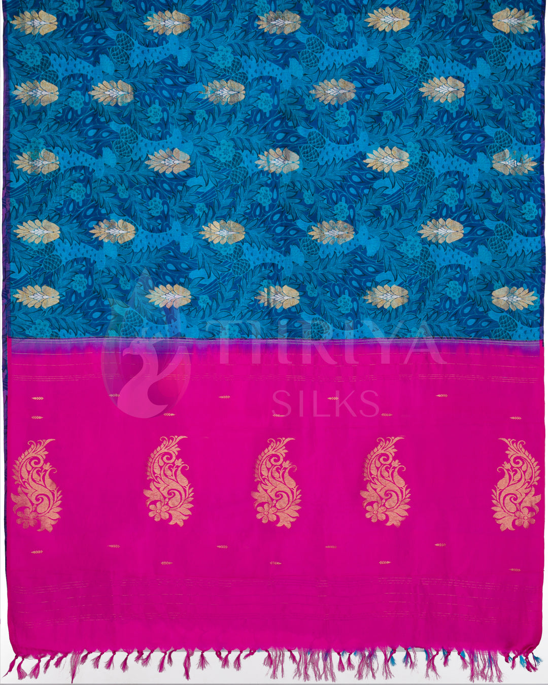  Full pallu view showing vibrant pink pallu with golden motifs and a richly woven royal blue body.