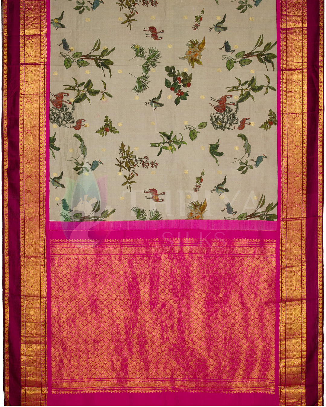  Full pallu view of the beige silk saree adorned with elegant bird motifs and a rich pink zari pallu.