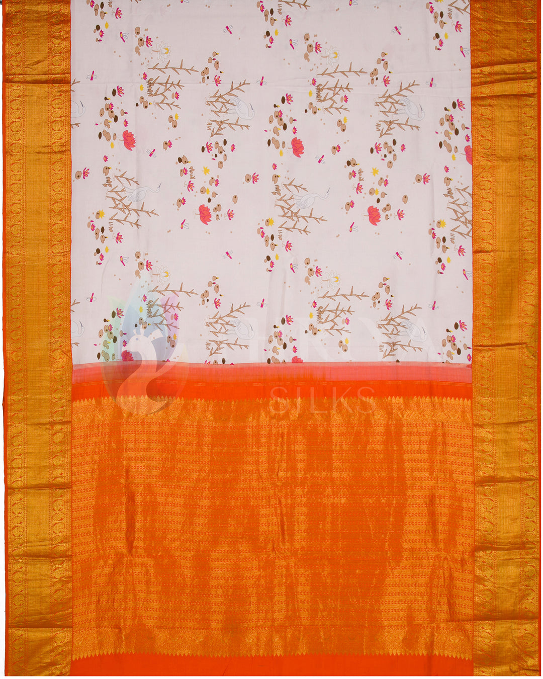 Full pallu view of the pink silk saree adorned with small floral motifs and a detailed orange zari pallu.