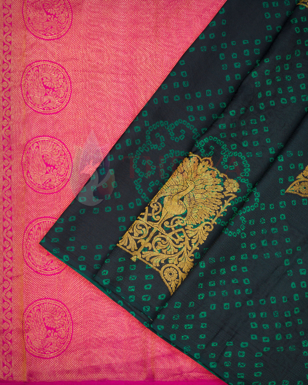 Black green Kanchipuram silk saree with golden zari square motifs and pink border