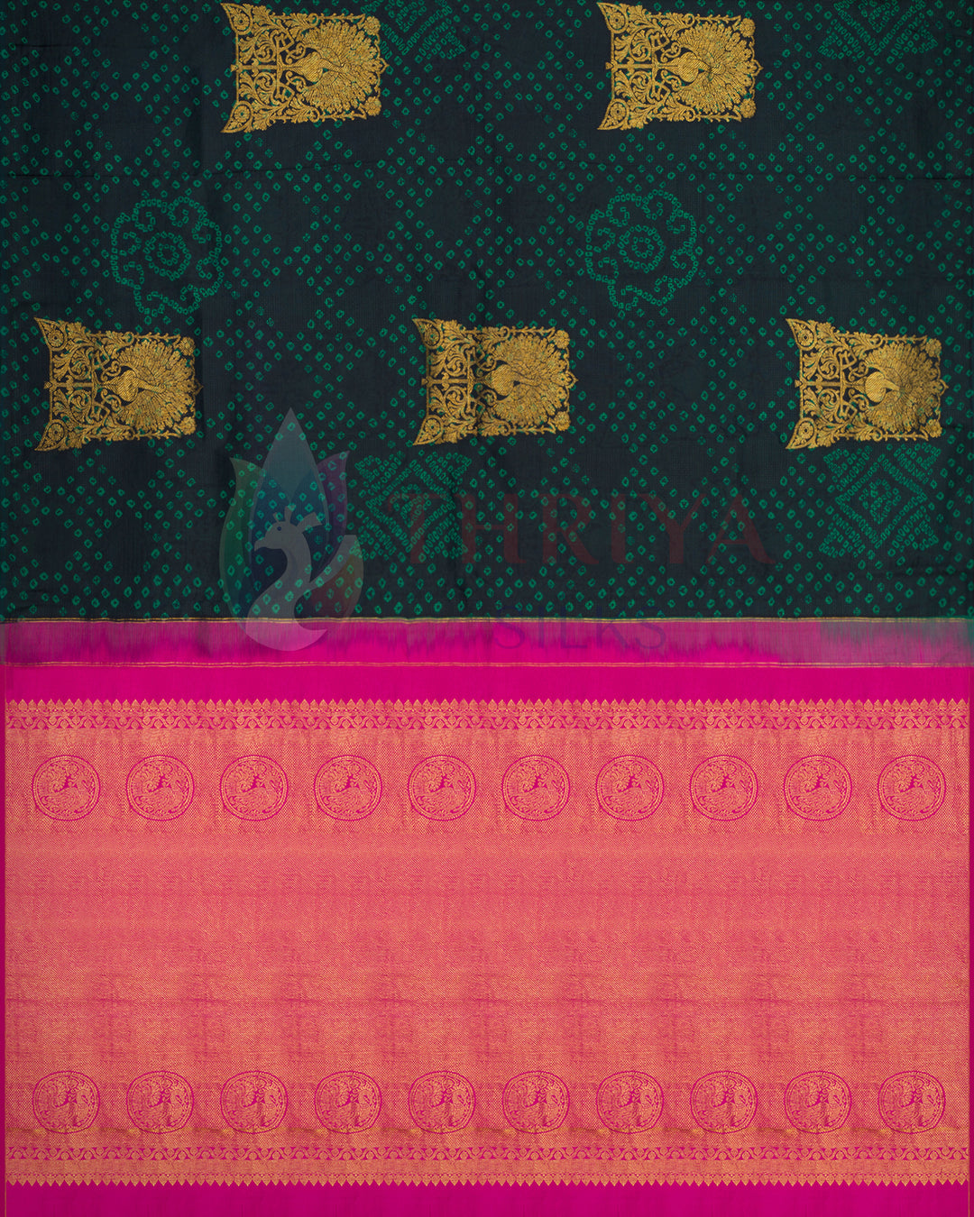 Black and green Kanchipuram silk saree with intricate pink zari border and golden motifs