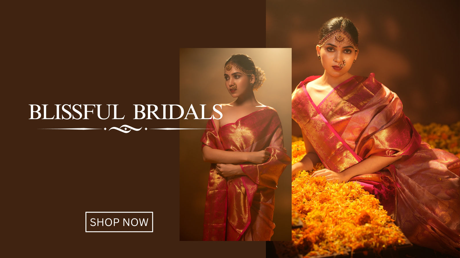 Bride in rich pink and gold bridal Kanjivaram silk saree posing amidst marigold blooms.
