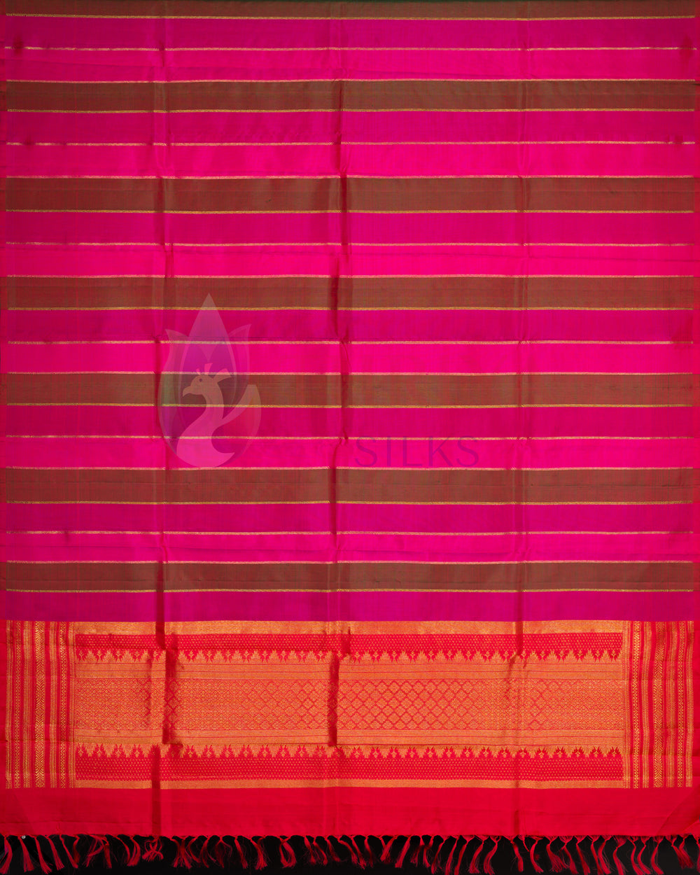 Bright pink festive dupatta featuring gold zari borders and contrast weave