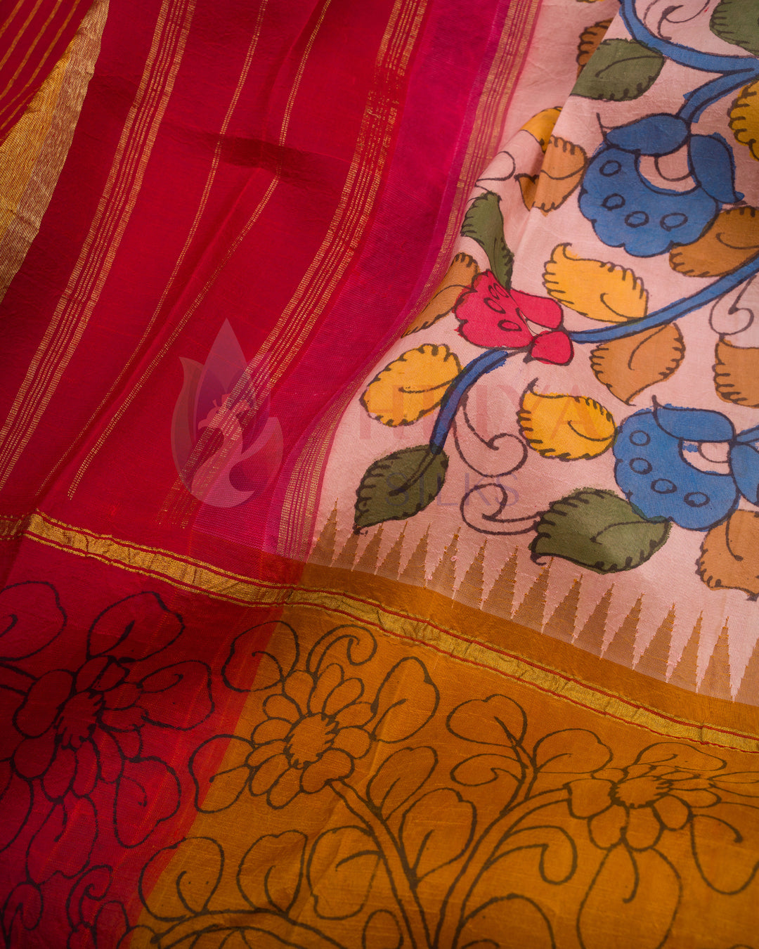 Close-up of multicolor floral pallu in red and mustard handloom silk saree
