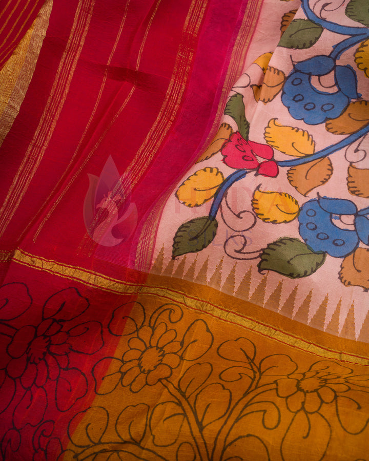 Close-up of multicolor floral pallu in red and mustard handloom silk saree