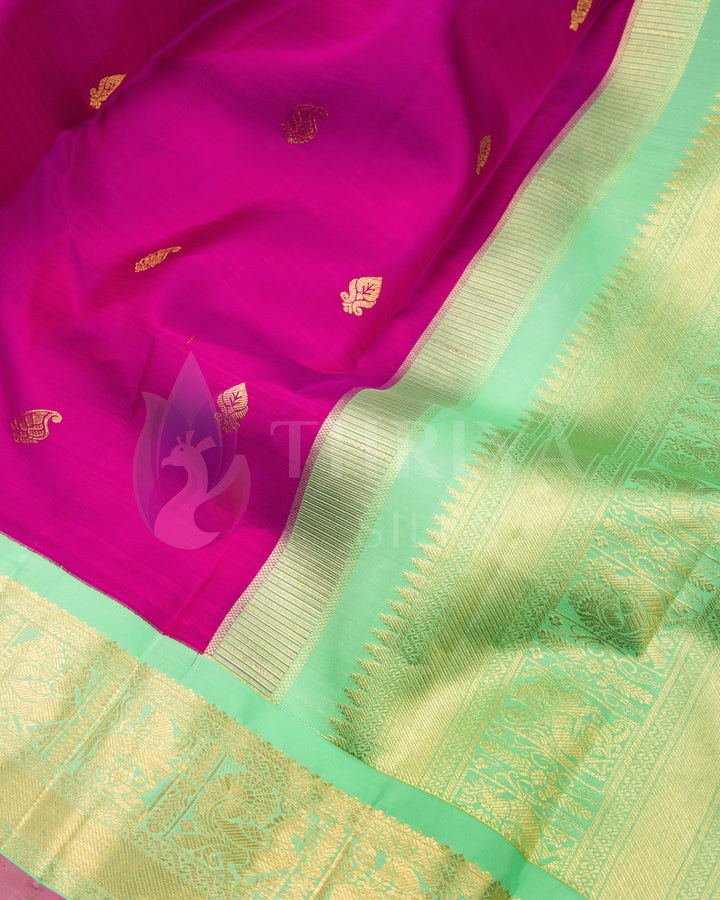 Close-up of rani pink saree body with gold buttas and light green zari pallu in intricate design