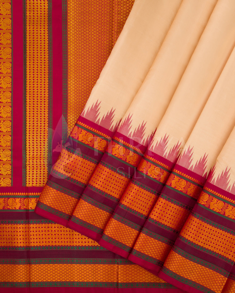 Cream silk saree pleats with intricate pink, orange, and gold border design, from Thriya Silks