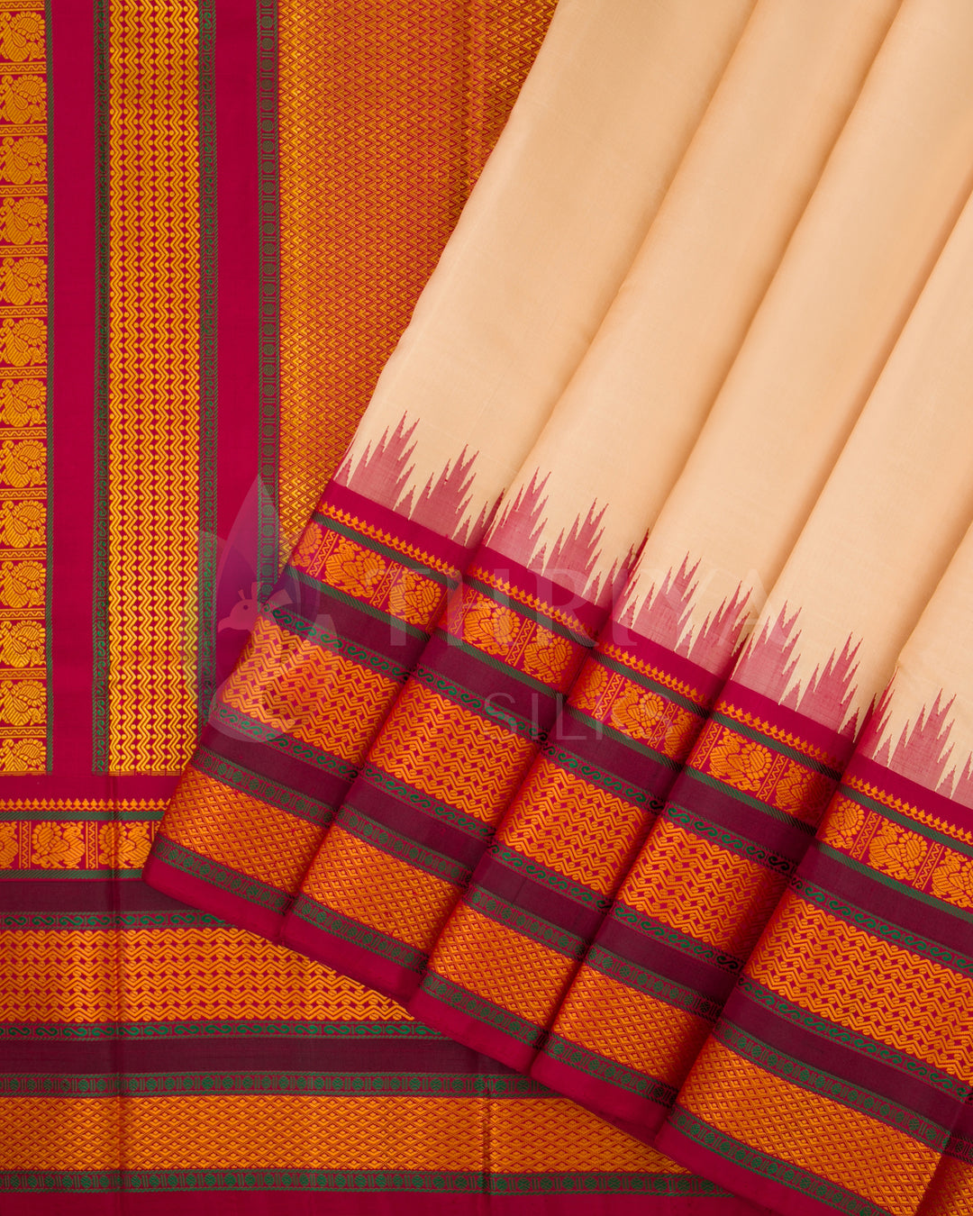 Cream silk saree pleats with intricate pink, orange, and gold border design, from Thriya Silks