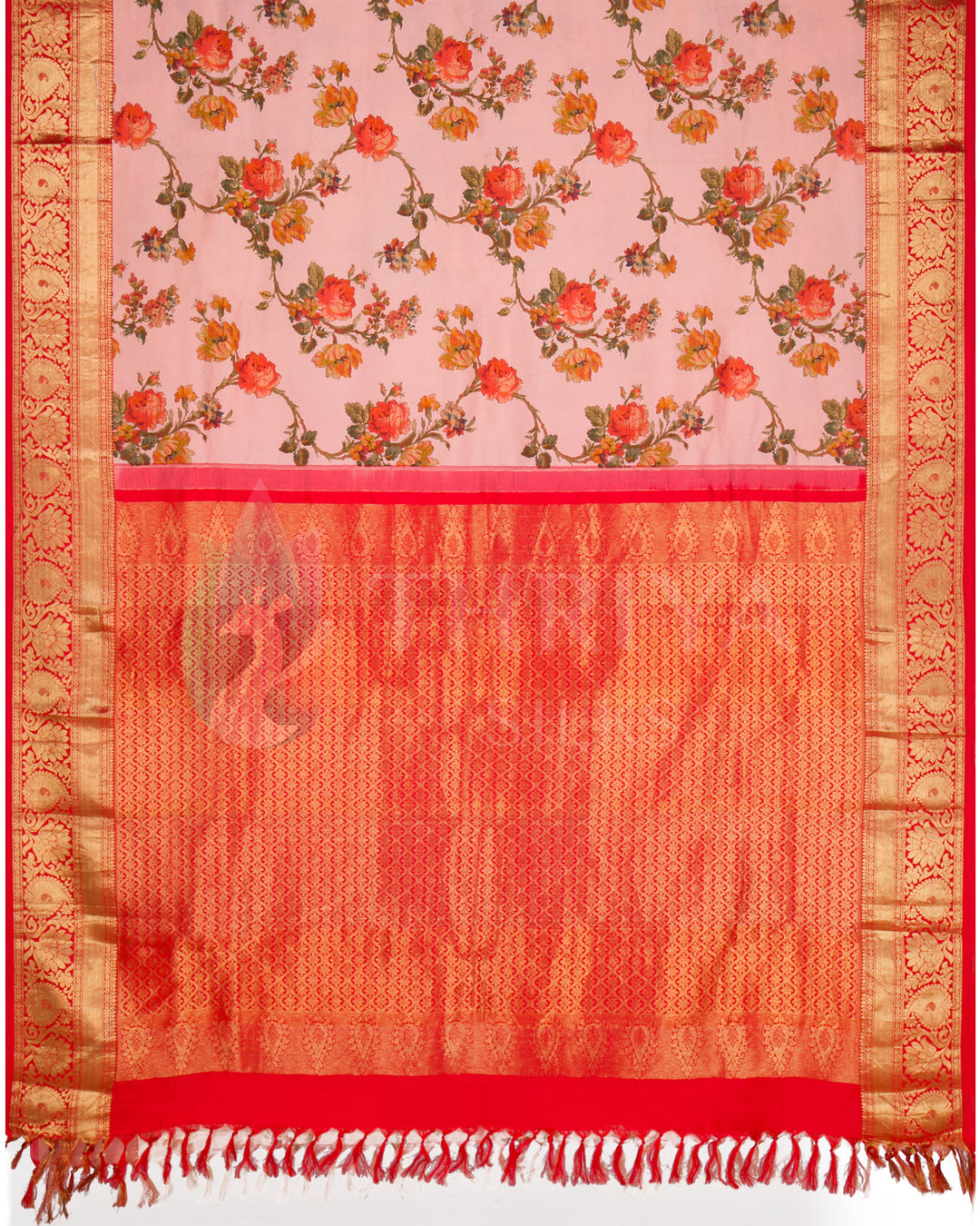 Full view of the saree featuring floral digital prints on pink silk with red pallu and golden zari weaving.