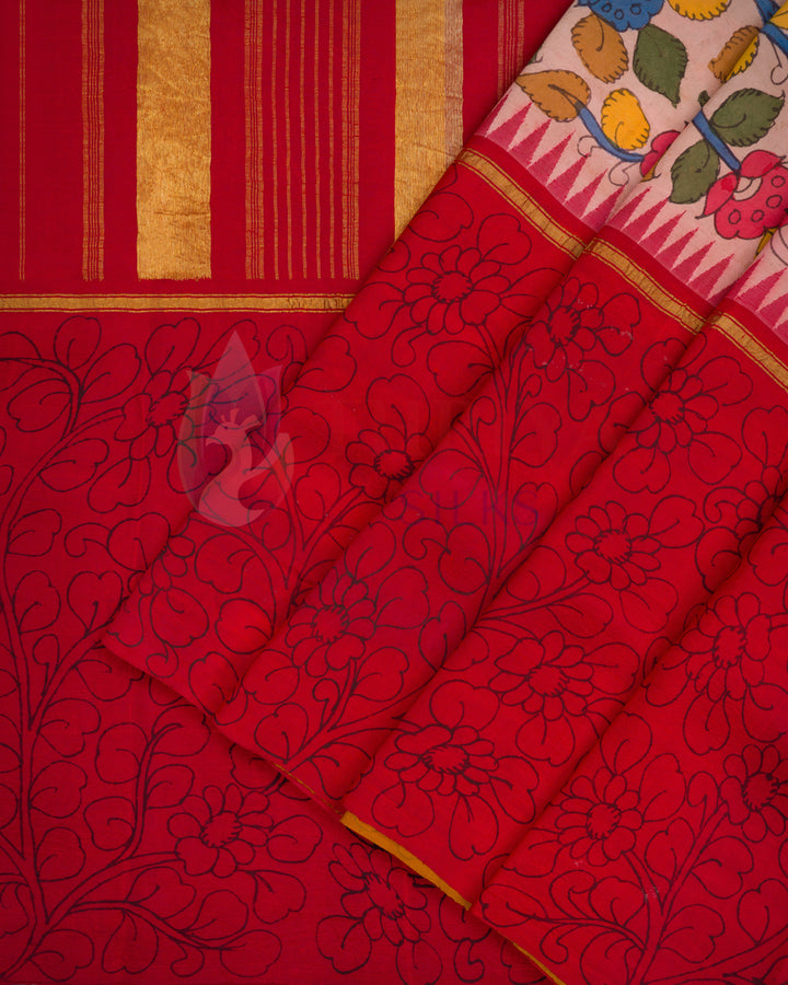 olded red silk saree with black floral design and multicolor floral pallu