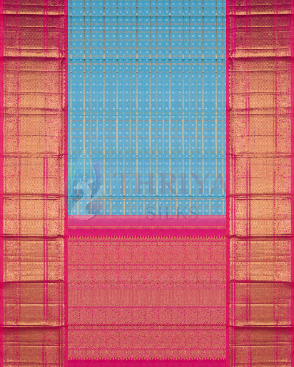 Full layout of pink and blue Kanchipuram silk saree with traditional gold zari and korvai border