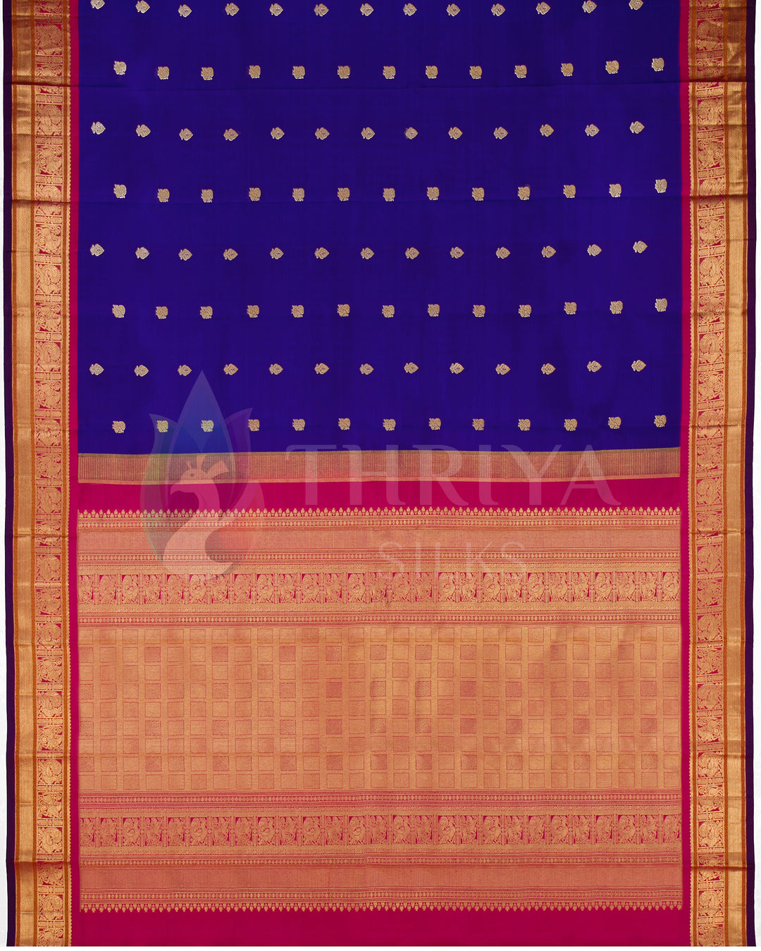 Complete view of royal blue and pink Kanjivaram silk saree with golden motifs and broad zari border – top layout by Thriya Silks
