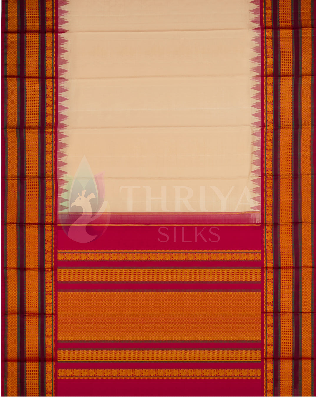 Full layout of cream silk saree with pink and orange pallu and gold border, Thriya Silks