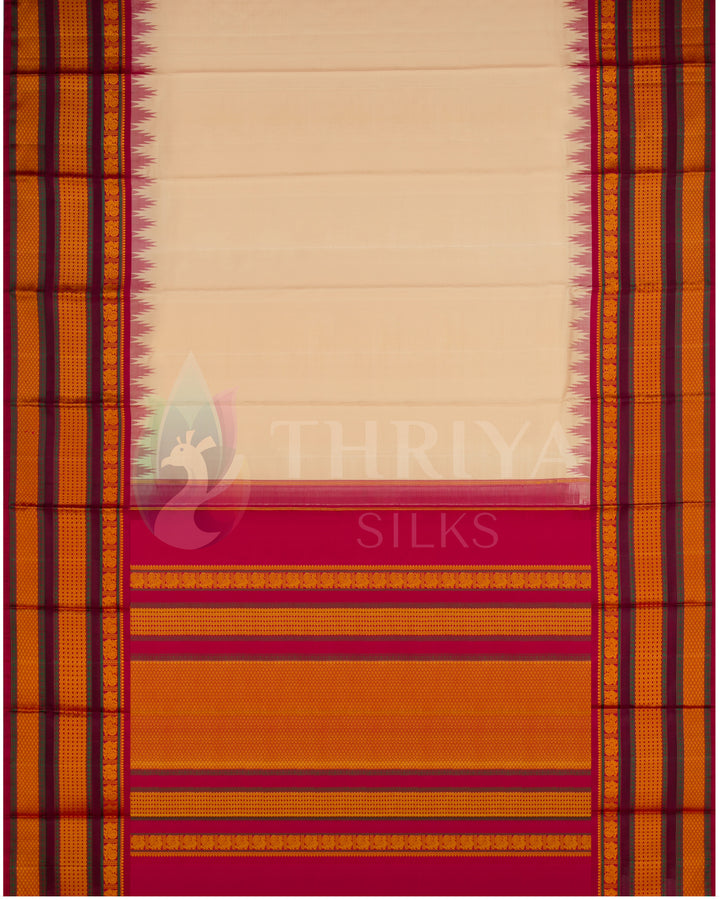 Full layout of cream silk saree with pink and orange pallu and gold border, Thriya Silks