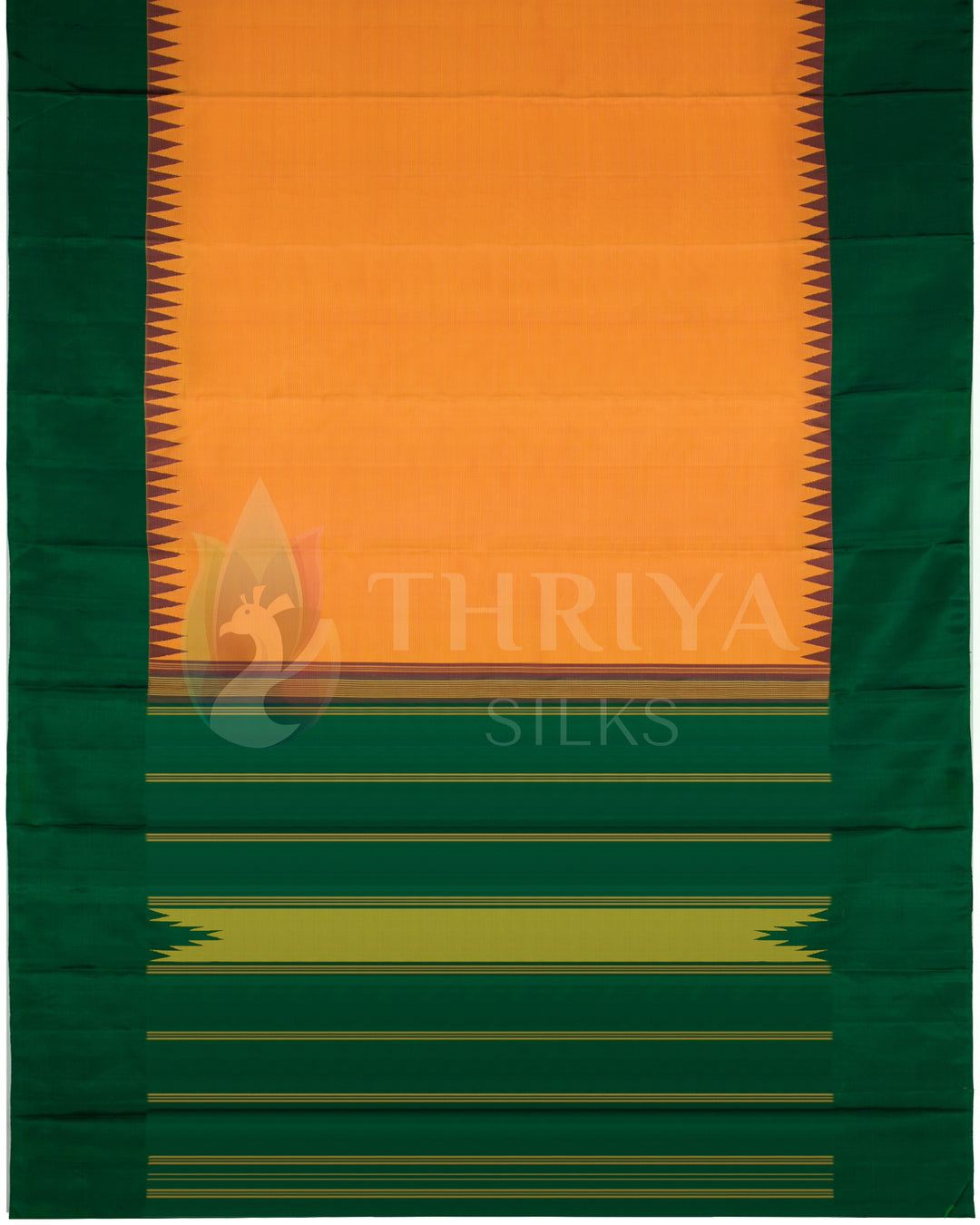 Full layout of green silk saree with orange pallu and contrast border, Thriya Silks