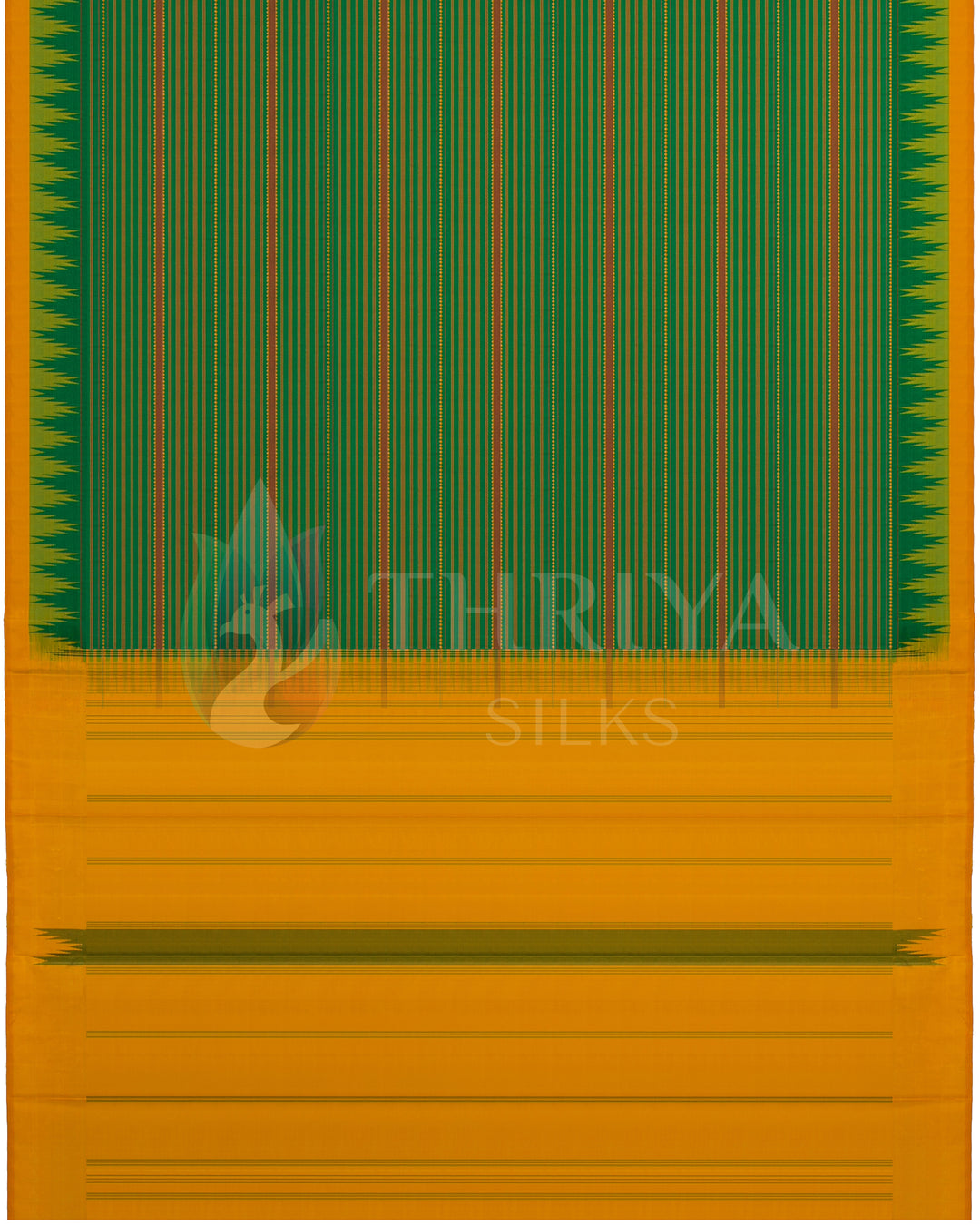 Full layout of green silk saree with yellow border and pallu featuring classic patterns, from Thriya Silks