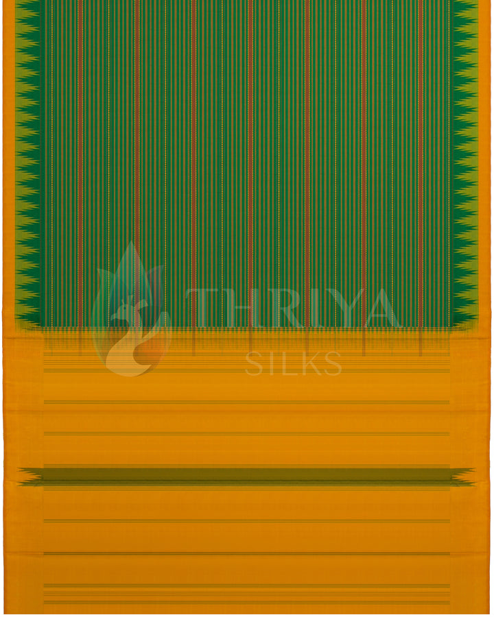 Full layout of green silk saree with yellow border and pallu featuring classic patterns, from Thriya Silks
