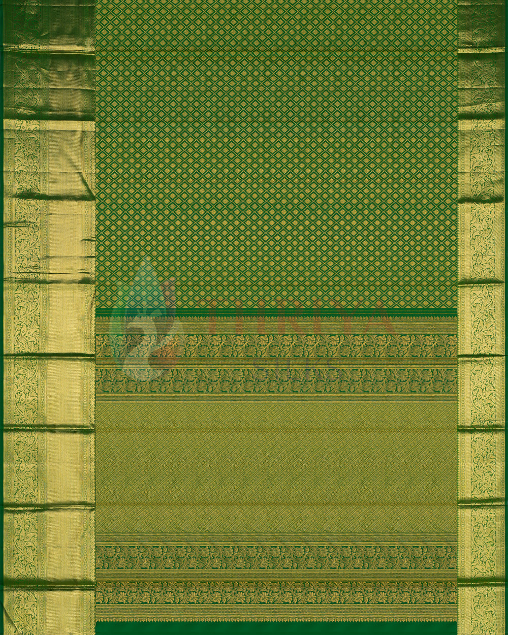 Full_layout_of_green_Kanchipuram_silk_saree_with_intricate_gold_zari_and_floral_motifs