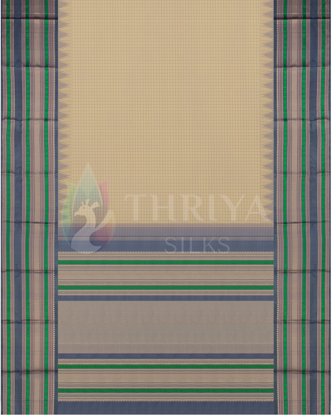 Full layout of beige silk saree with bold green and grey zari detailing – traditional design from Thriya Silks