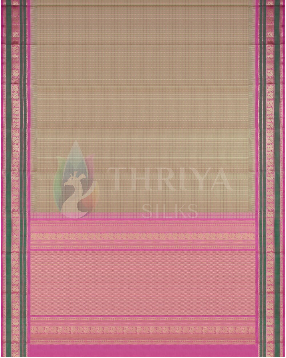 Full view of beige and pink Kanjivaram silk saree with zari pallu and border