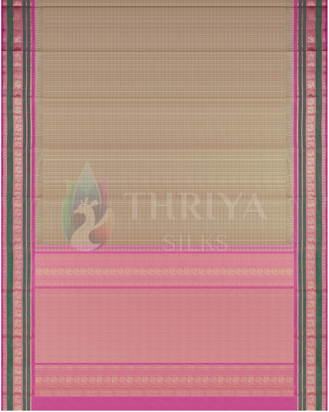 Full view of beige and pink Kanjivaram silk saree with zari pallu and border