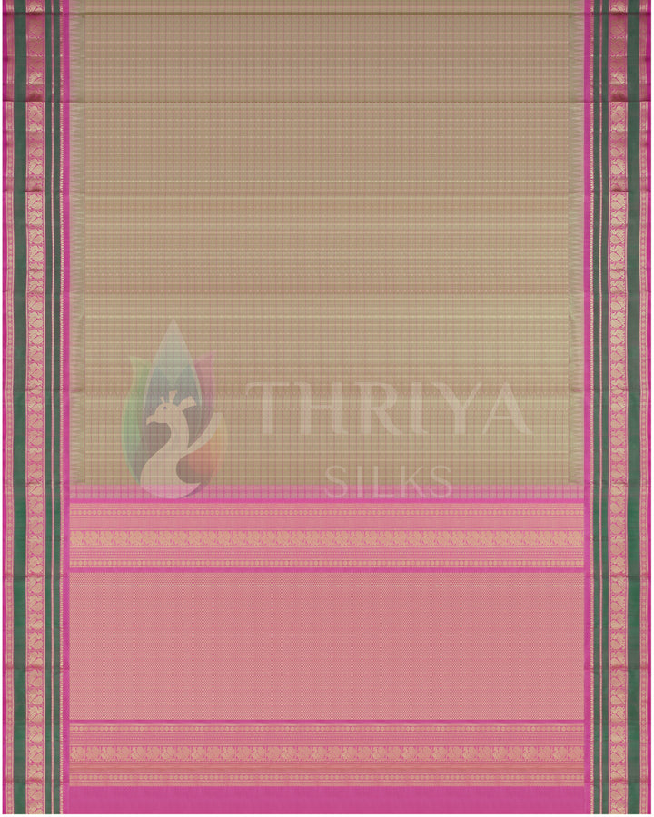 Full view of beige and pink Kanjivaram silk saree with zari pallu and border