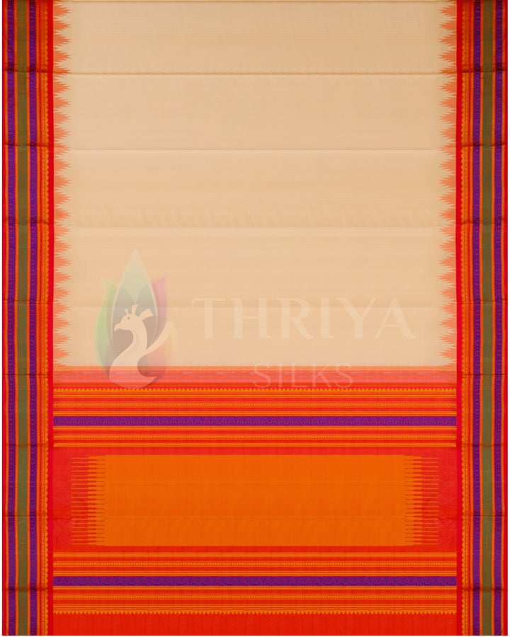 Complete layout of beige silk saree with red-orange body and traditional blue zari border, from Thriya Silks