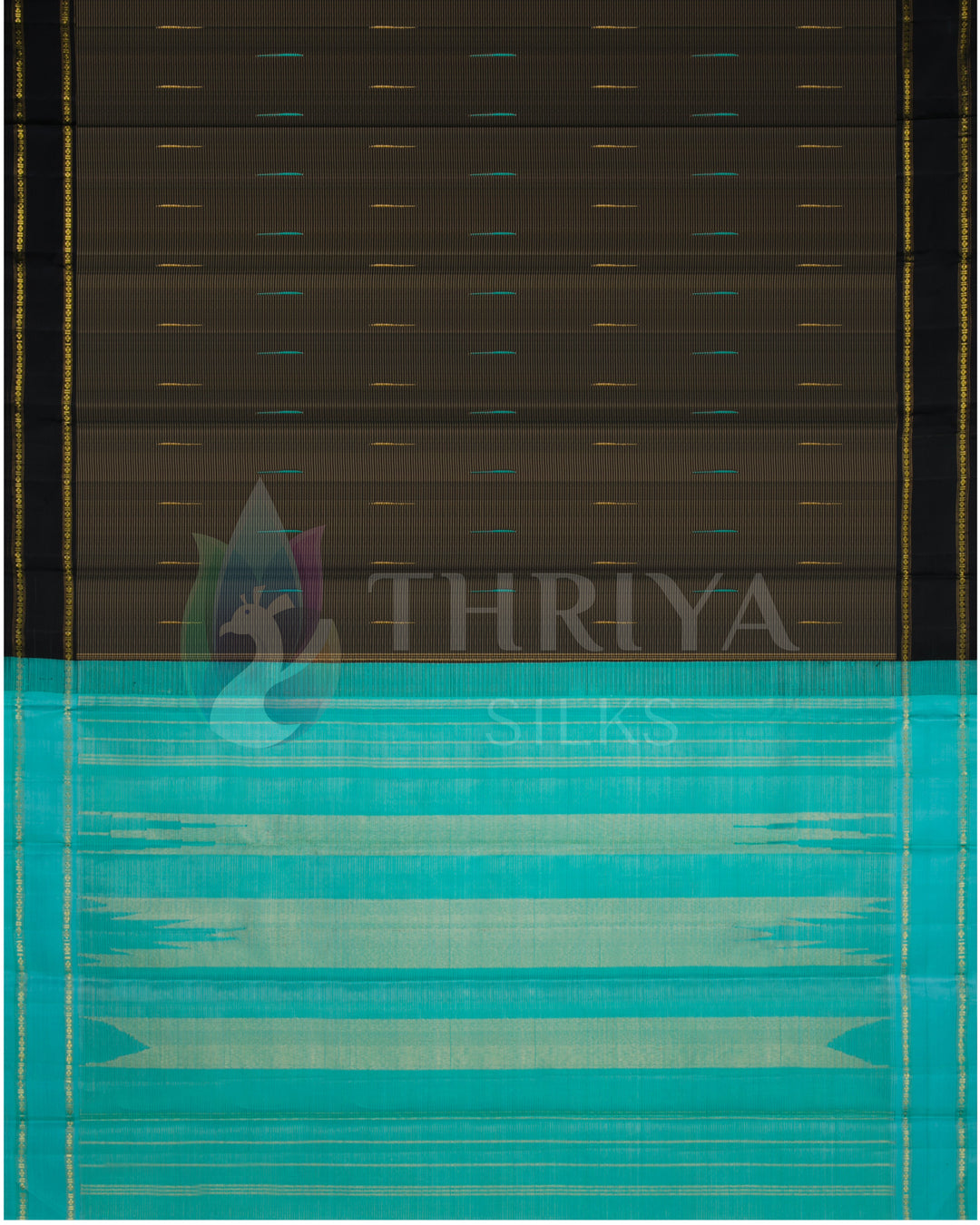 Full layout of Thriya silk saree with black body, turquoise pallu and fine gold zari accents