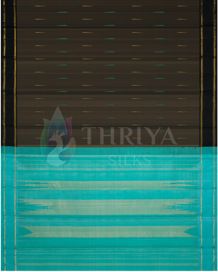 Full layout of Thriya silk saree with black body, turquoise pallu and fine gold zari accents